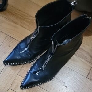 Alexander Wang Black Studded Pointed Toe Ankle Boots with Front Zipper